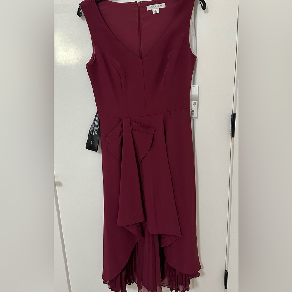 Kay Unger Sleeveless V-Neck Dress in Burgundy with Draped Front Detail
